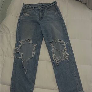 American Eagle Super-Distressed Blue Jeans. 10/R. High Rise Baggy Straight.